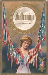 In Memoriam Decoration Day Woman with US & Confederate Flags Postcard