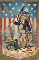 Boy Uncle Sam with Flag & Cannon, 4th of July Patriotic Scene Postcard