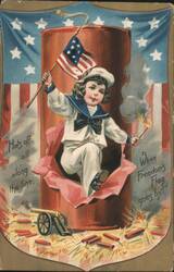4th of July Child in Sailor Suit with American Flag and Firecracker Postcard