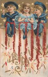 Children Celebrating 4th of July with Firecrackers Postcard