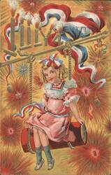 Girl on Barrel Swing with Fireworks and Patriotic Ribbons for 4th of July Postcard