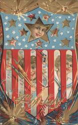 4th of July Shield with Children, Stars, Stripes & Fireworks Postcard