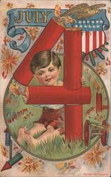July 4th Boy with Firecrackers and American Flag Postcard