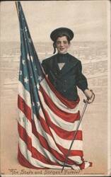 Young Boy Sailor with American Flag and Sword, "The Stars and Stripes Forever" Postcard