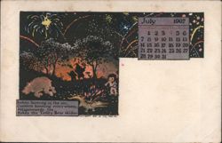 July 1907 Calendar with 4th of July Fireworks, Alligator, Teddy Bear Postcard