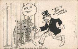 Meeting Old Acquaintances: Theodore Roosevelt and Teddy Bear in Cage Postcard