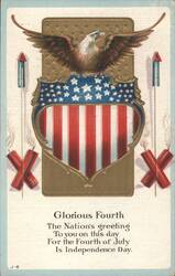 Glorious Fourth Bald Eagle, Flag Shield, Fireworks, Independence Day Postcard