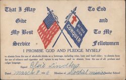 Temperance Pledge Card with American & Christian Flags, Elsie Lindberg 1914 Postcard