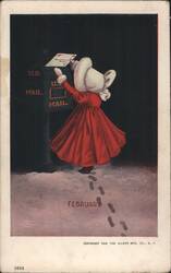 Child in Red Dress Mailing Letter in Snow, February Postcard