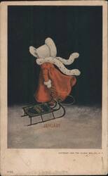 Snow Queen Mouse in Winter Attire with Sled, January Calendar Card Postcard