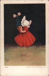 April Calendar Card with Child in Red Dress Holding Lilies Postcard