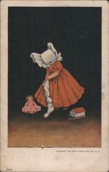 December Child in Red Dress with Doll and Toy House Postcard