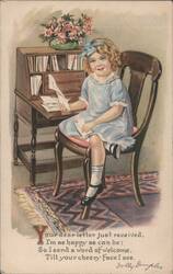 Dolly Dimples Girl Reading Letter at Desk with Flowers Postcard