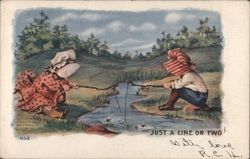 Children Fishing in Stream, 'Just a Line or Two' Postcard