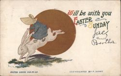Child in Bonnet Riding Easter Bunny Rabbit Postcard