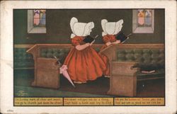 Sunbonnet Twins in Church Pews Reading Books Postcard