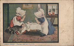 Saying Grace with two girls and a cat Postcard