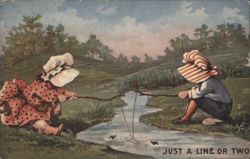 Children Fishing in Stream, Just a Line or Two Postcard