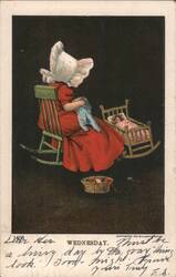 Woman in Bonnet Sewing by Cradle with Sleeping Baby Postcard