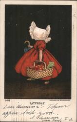 Girl in Red Dress with Apples and Umbrella, Saturday Postcard