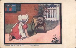 Little Girl and Bulldog Playing Peek-A-Boo Postcard