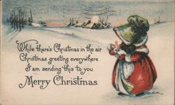 Child in Red Coat with Doll in Snowy Christmas Scene Postcard