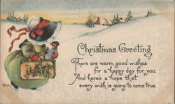 Christmas Greeting, Figure in Bonnet with Doll in Snowy Landscape Postcard