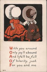 Comic Girl and Boy with Whimsical Headwear and Love Poem Postcard