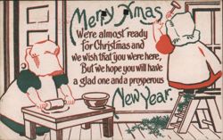 Merry Xmas & New Year Greeting with Anthropomorphic Pigs Baking & Decorating Postcard