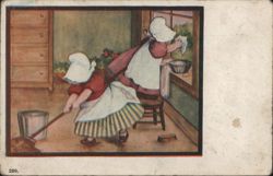Girls Scrubbing Day Postcard