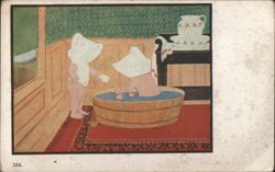 The Bath, Two Pigs Bathing in Wooden Tub Postcard