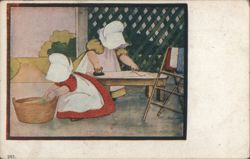 Two Girls Doing Laundry, Ironing Day Postcard