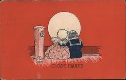 Children sitting under moon, 'CLOSE HAULED' by Crane Postcard