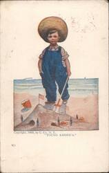 Young America Boy with Flags and Cannons on Beach Postcard