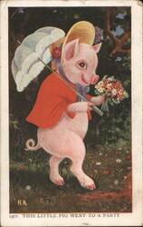 Dressed Pig with Parasol and Flowers, This Little Pig Went to a Party Postcard