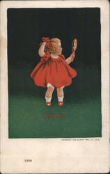 Young Girl in Red Dress Looking in Hand Mirror, SEEING Postcard