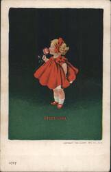 Young Girl in Red Dress Smelling a Rose, "Smelling" Postcard