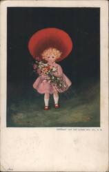 Young Girl in Red Hat Holding Flowers, 'Spring' Postcard