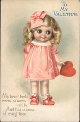 Valentine's Day Doll Girl with Heart and Poem Postcard