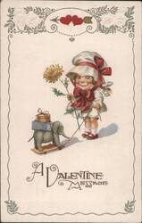 Girl in Bonnet with Flower & Elephant Pulling Gift, Valentine Message Postcard