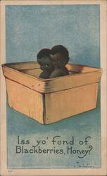 Black Americana Babies in Basket with 'Iss yo' fond of Blackberries, Honey?' Postcard