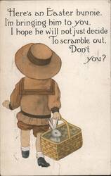 Child in Hat Carrying Easter Bunny in Basket, 'Here's an Easter bunnie' Postcard