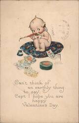 Kewpie Writing Valentine's Day Letters with Quill Pen Postcard