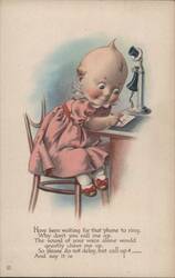 Baby Waiting for Phone to Ring with Old-Fashioned Telephone Postcard