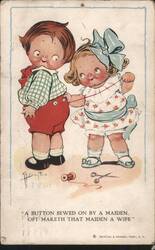 Cartoon Children Sewing Button, 'A Button Sewed on by a Maiden Postcard