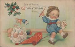 Children Playing with Rocking Horse & Toys at Christmas Time Postcard