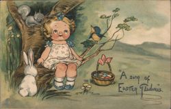 Easter Gladness: Little Girl, Bunny, Squirrel, and Bird with Egg Basket Postcard