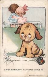 Crying Dog with Children Hugging on Bench - I Wish Somebody Was Crazy About Me Postcard