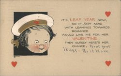 Leap Year Valentine with Cartoon Child in Sailor Hat and Hearts Postcard