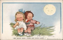 Cartoon Children Ask Moon Man to Turn Off Light Postcard